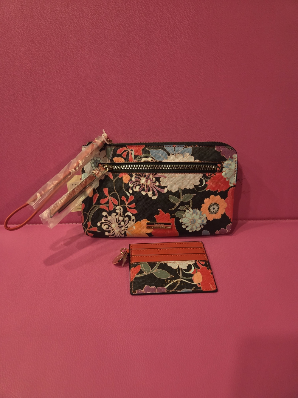 Trina Turk Black Multi Floral Wristlet with Card Holder